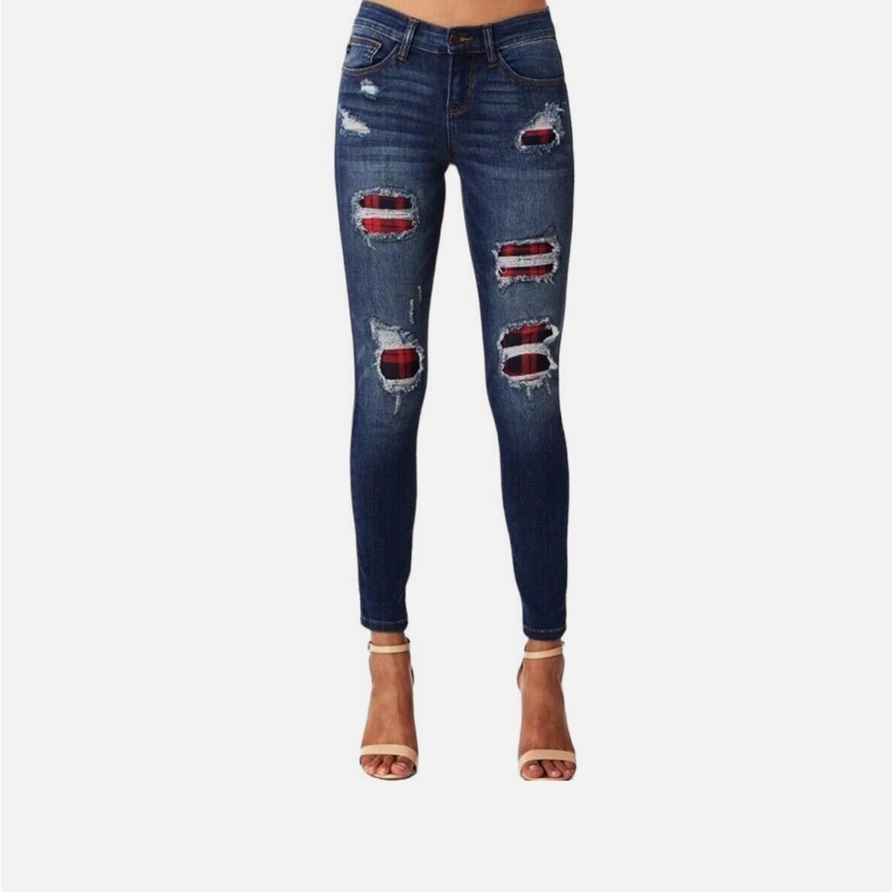 Judy Blue Skinny Buffalo Plaid jeans with Distressed Detailing